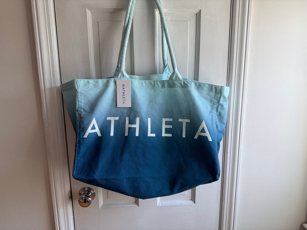 NEW Athleta Blue Ombre Canvas Tote Bag Large Logo Gym Beach Shopping NWT